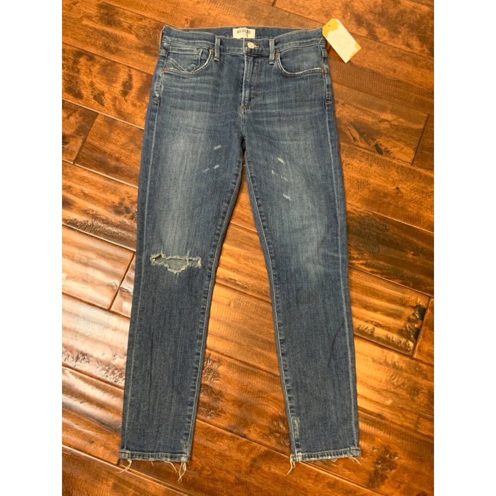 AGOLDE Blue Sophie Mid-Rise Distressed Denim Skinny Crop Jeans, Size 27